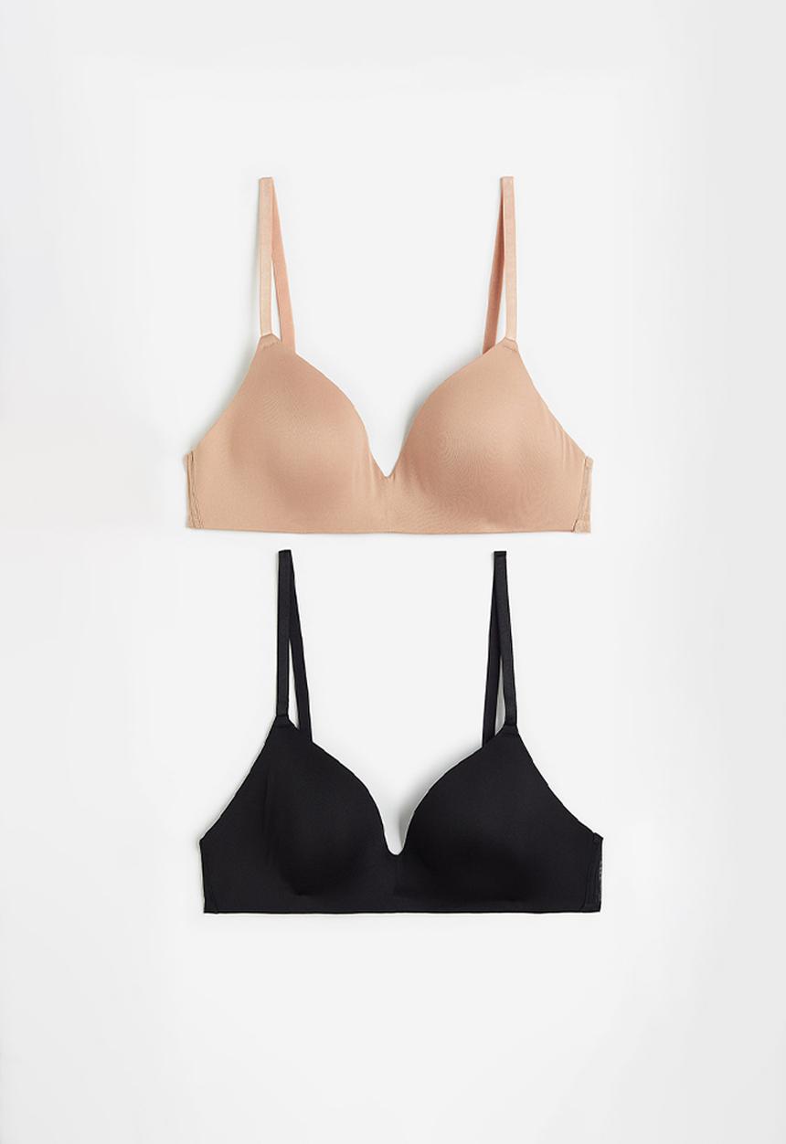 H&M - 2-Pack microfibre non-wired bras - beige & black