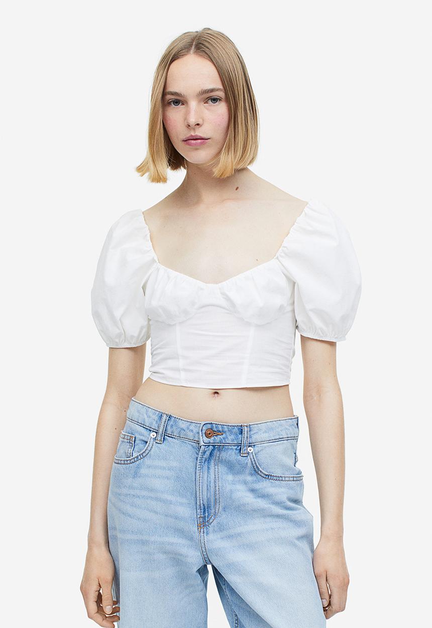 H&M - Puff-sleeved cropped blouse - white