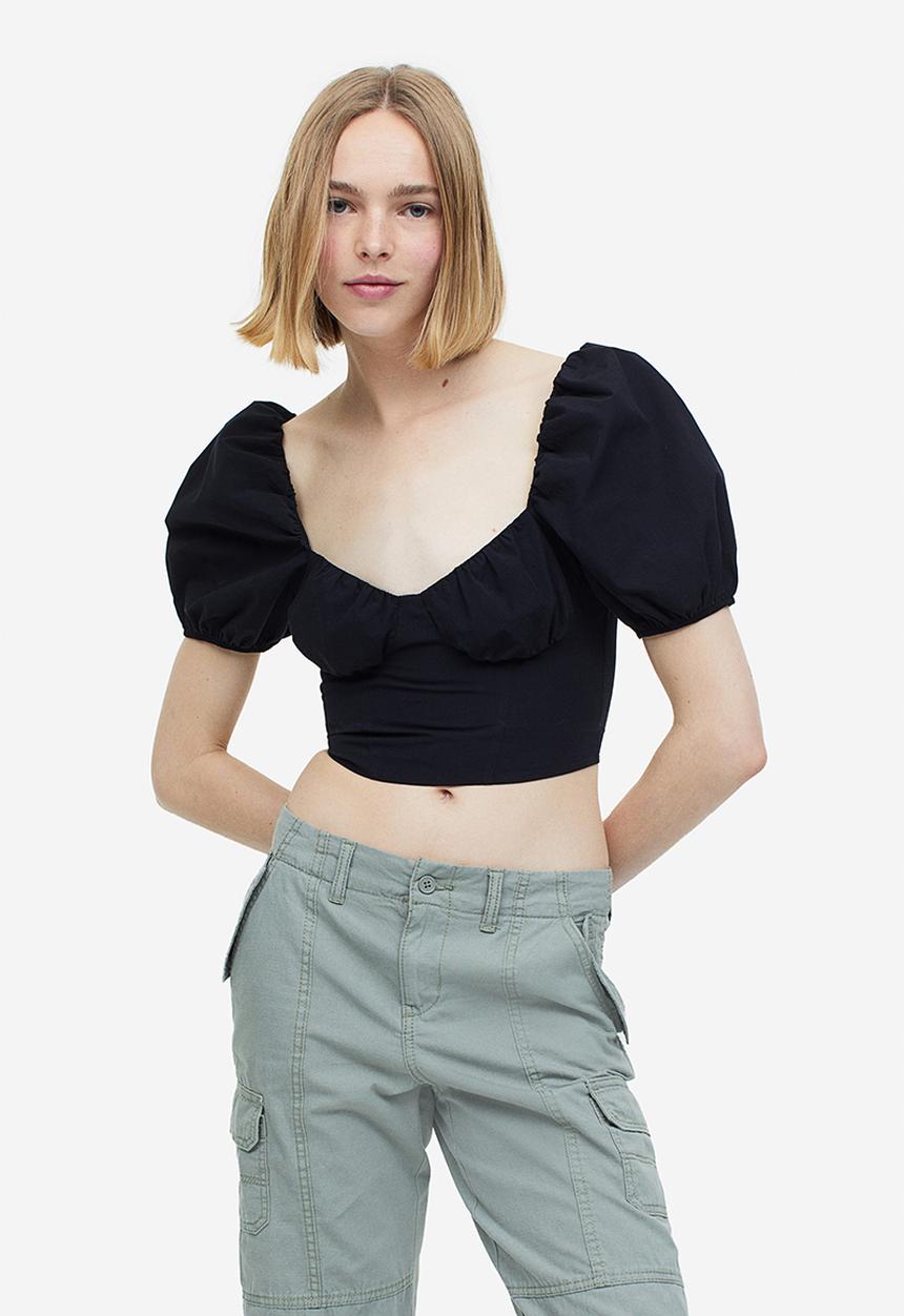 H&M - Puff-sleeved cropped blouse - black