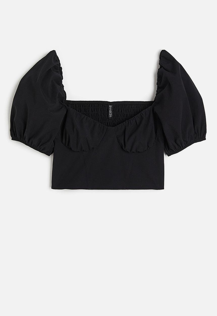 H&M - Puff-sleeved cropped blouse - black
