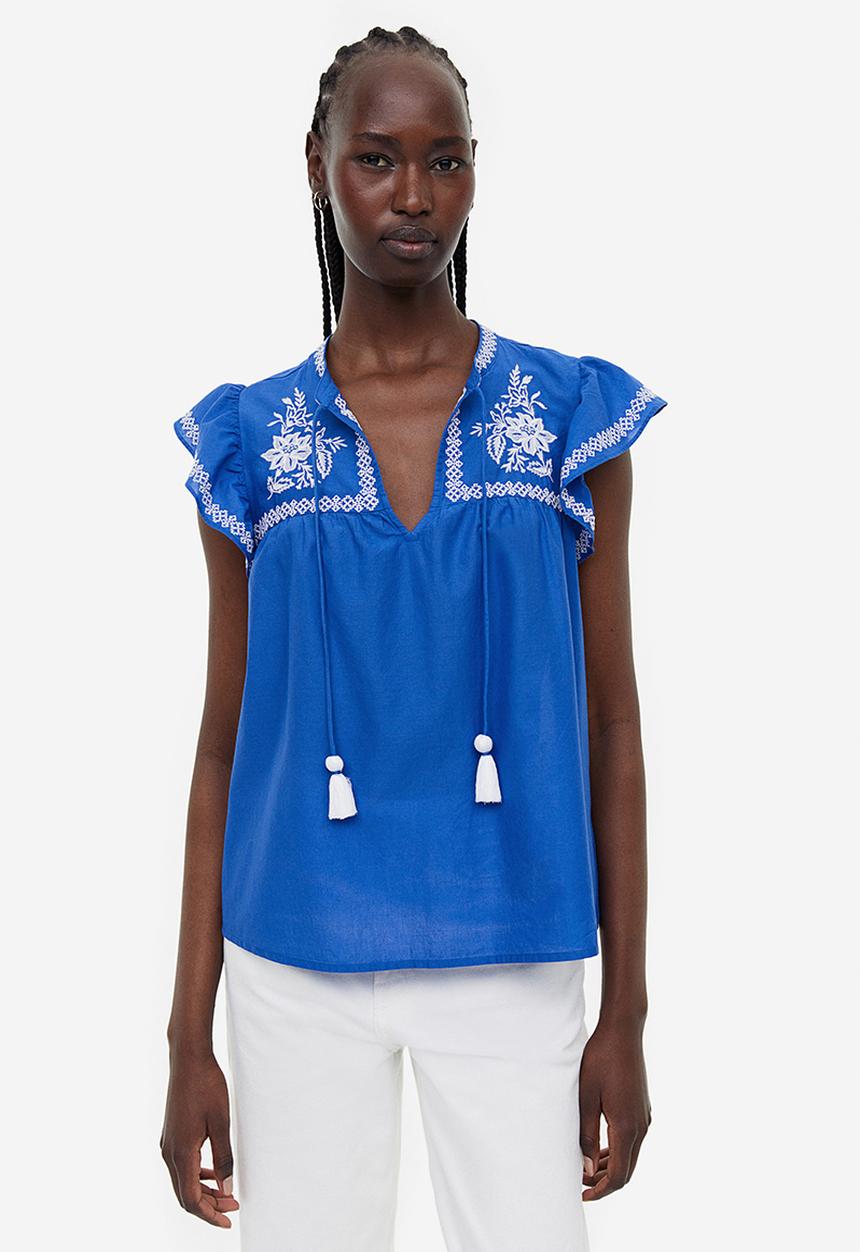 H&M - Embroidered blouse - bright blue 