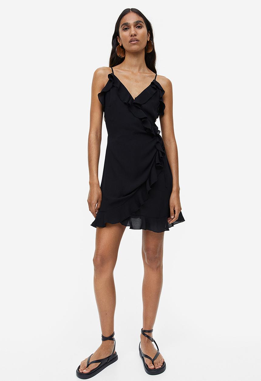 H&M - Flounce-trimmed wrap dress - black