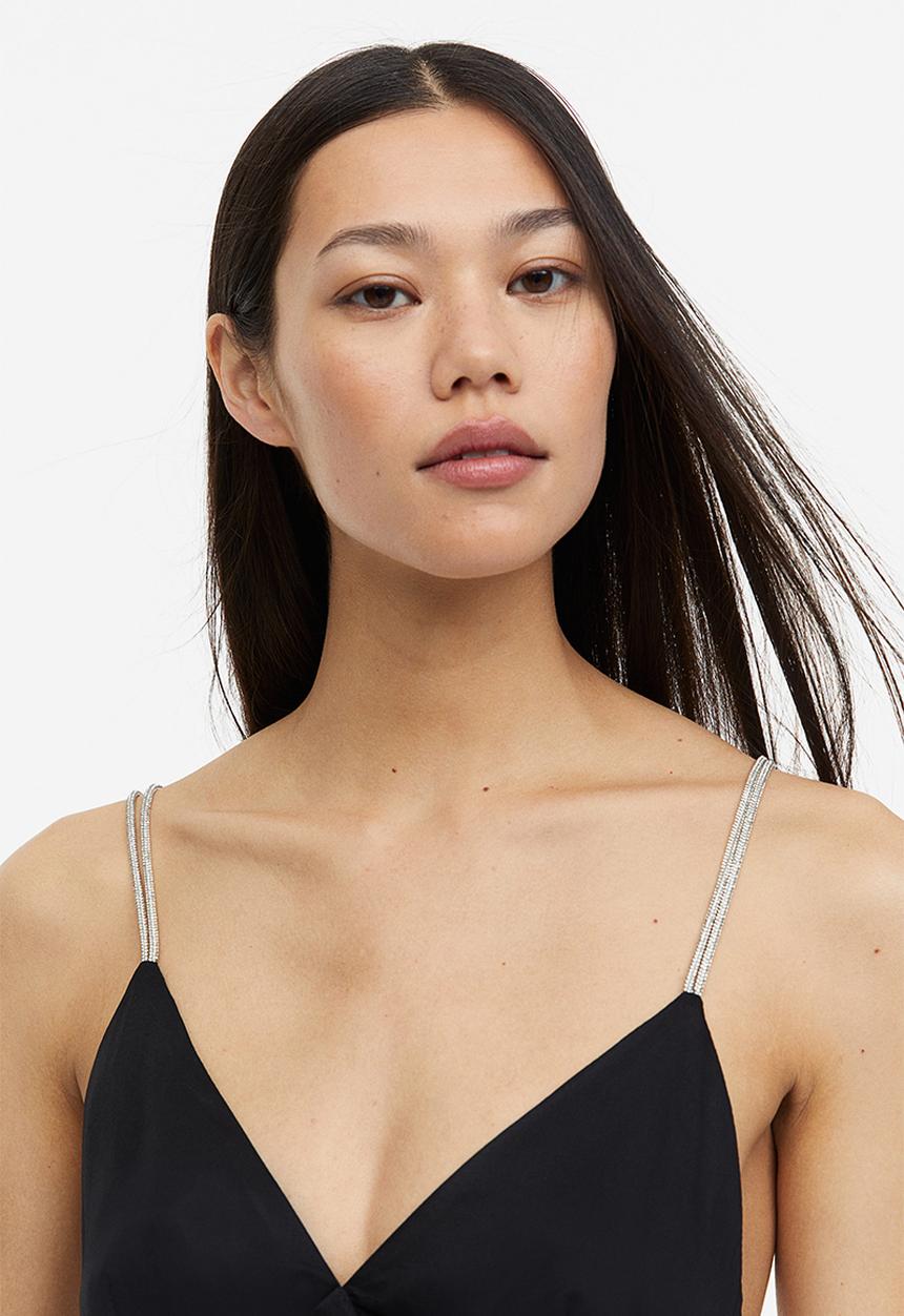 H&M - Rhinestone-strap satin dress - black