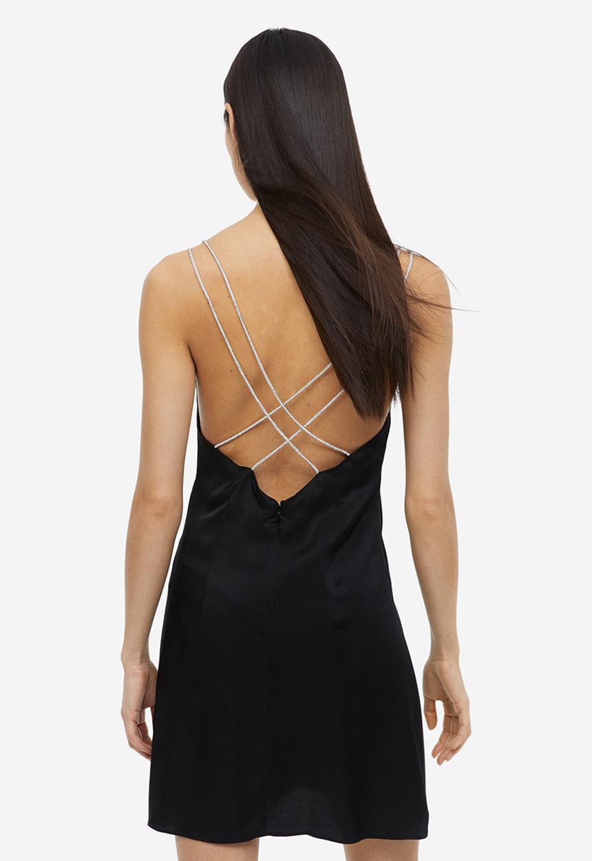 H&M - Rhinestone-strap satin dress - black