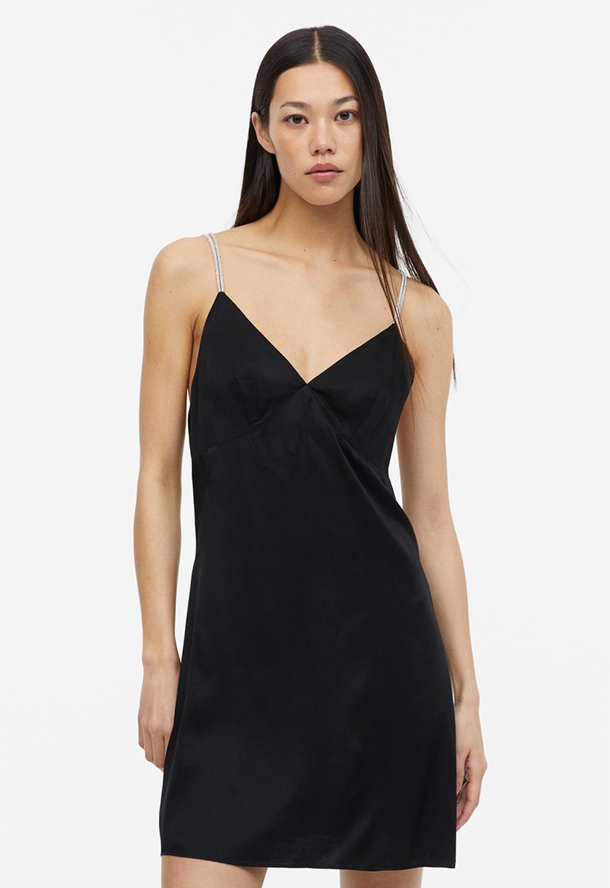 H&M - Rhinestone-strap satin dress - black