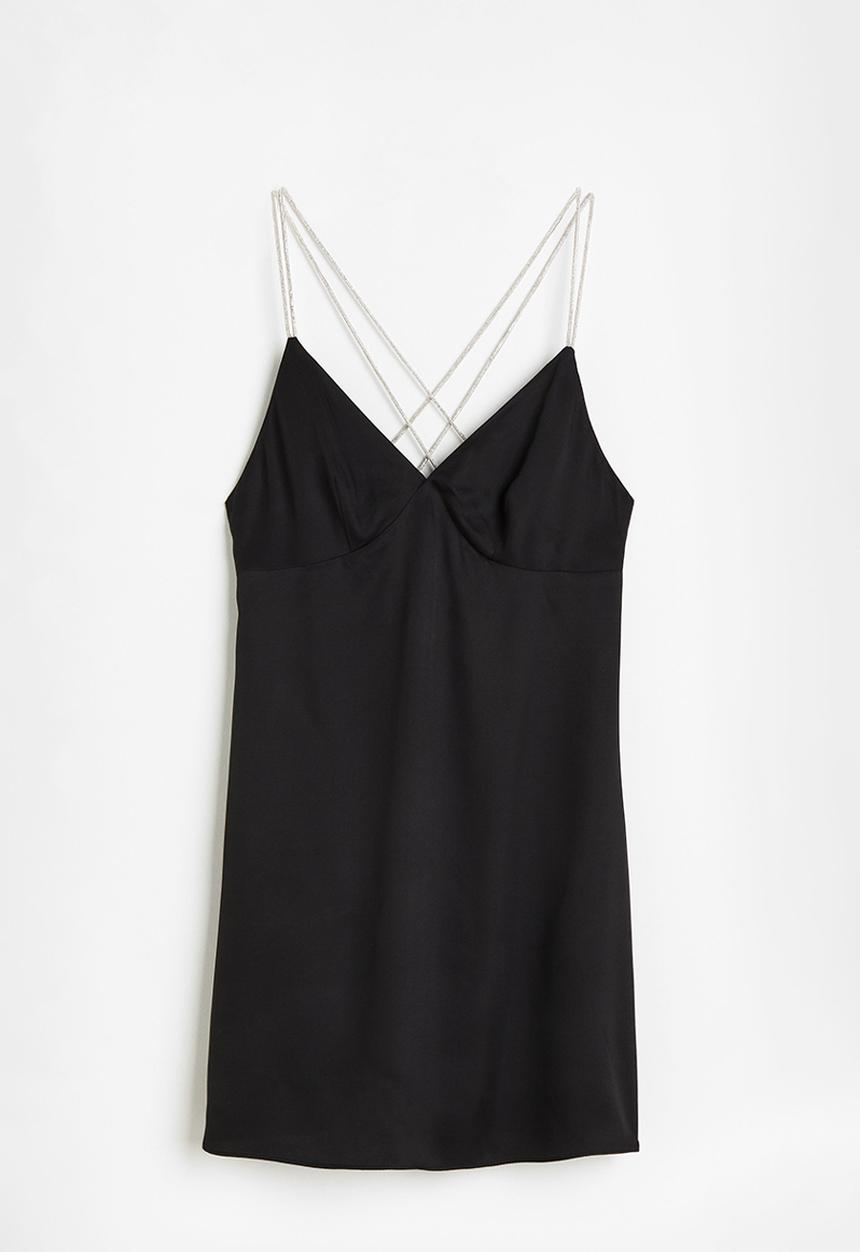 H&M - Rhinestone-strap satin dress - black