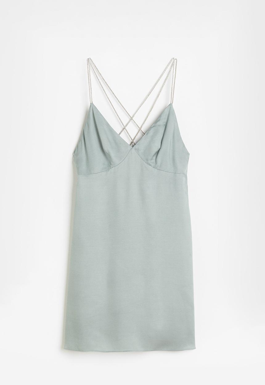 H&M - Rhinestone-strap satin dress - blue-grey