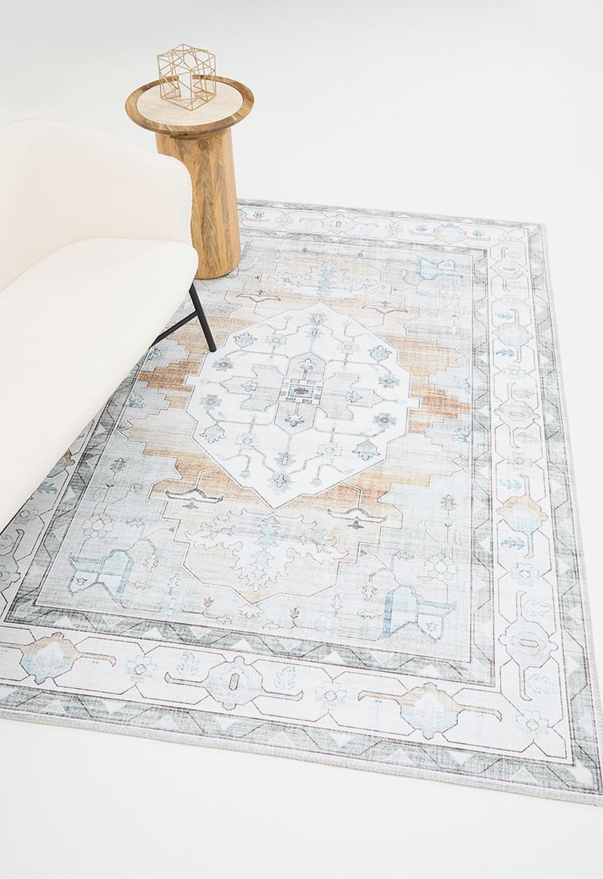 Sixth Floor - Ezra printed rug - muted blue & ochre