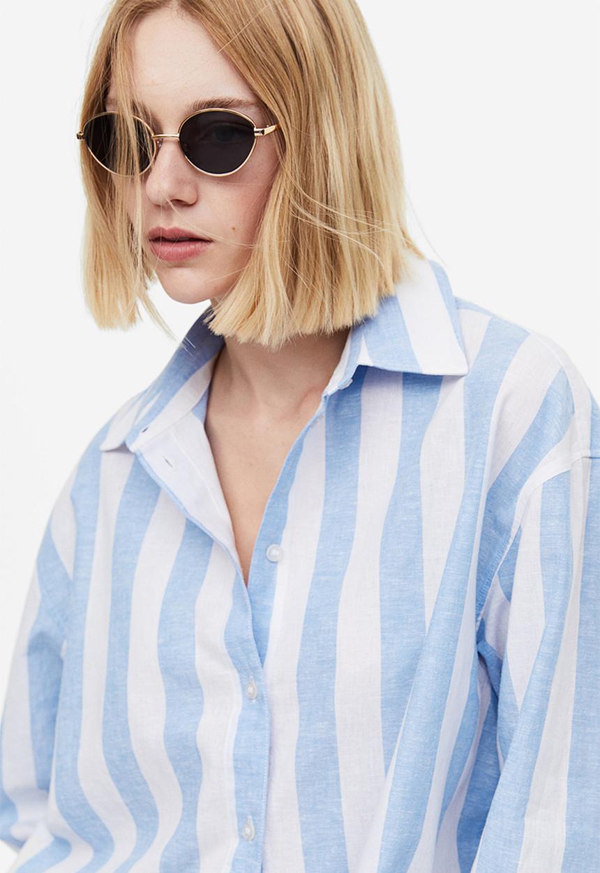 H&M - Linen-blend shirt - light blue/striped