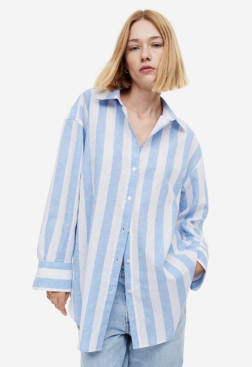 H&M - Linen-blend shirt - light blue/striped
