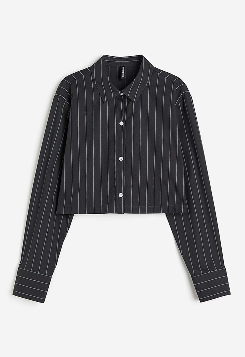 H&M - Cropped cotton shirt - dark grey/striped