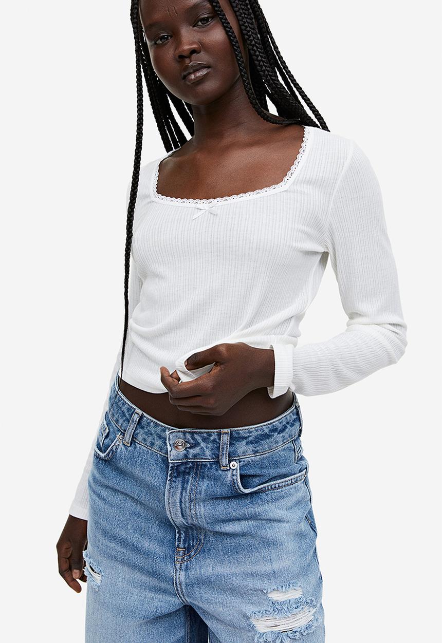 H&M - Lace-trimmed ribbed top - white