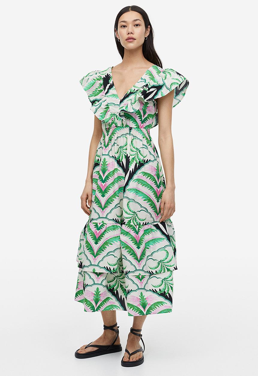 H&M - Flounce-trimmed dress - green/patterned
