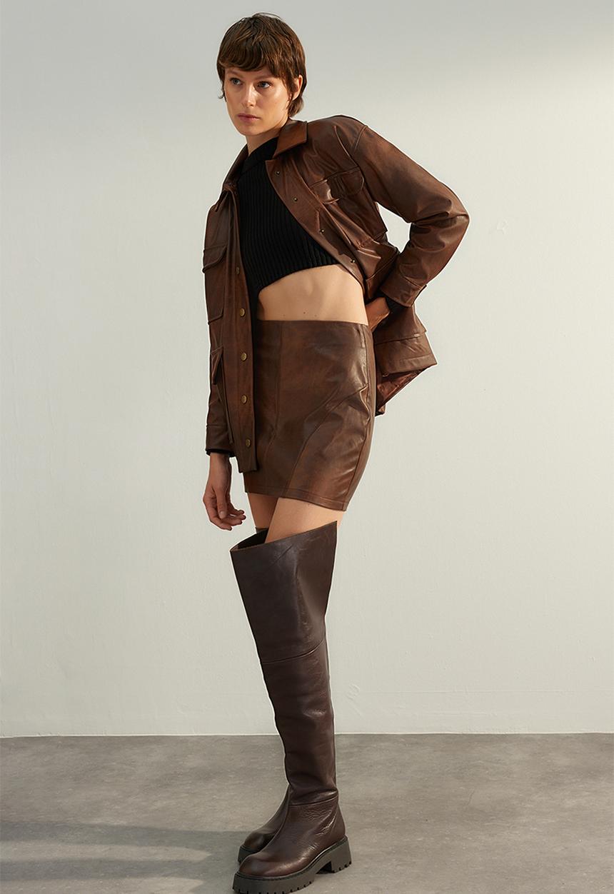 Trendyol - Premium faux leather mini skirt - brown