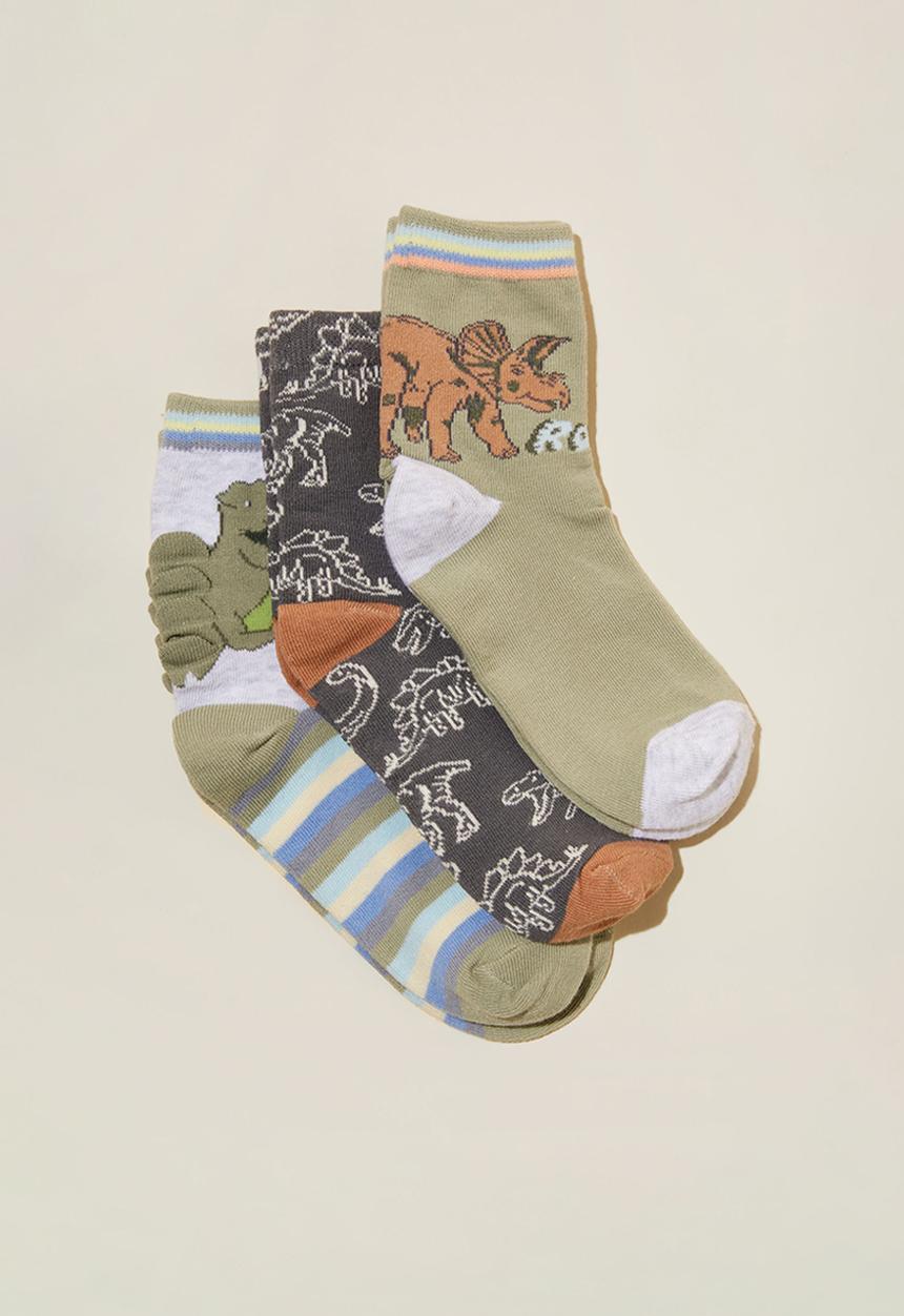 Cotton On - Kids 3pk crew socks - deep sage/dinosaur roar