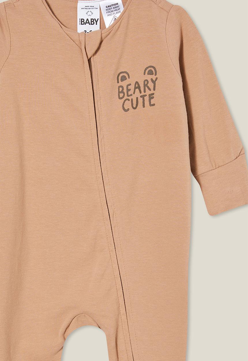 Cotton On - The long sleeve zip romper - taupy brown/beary cute