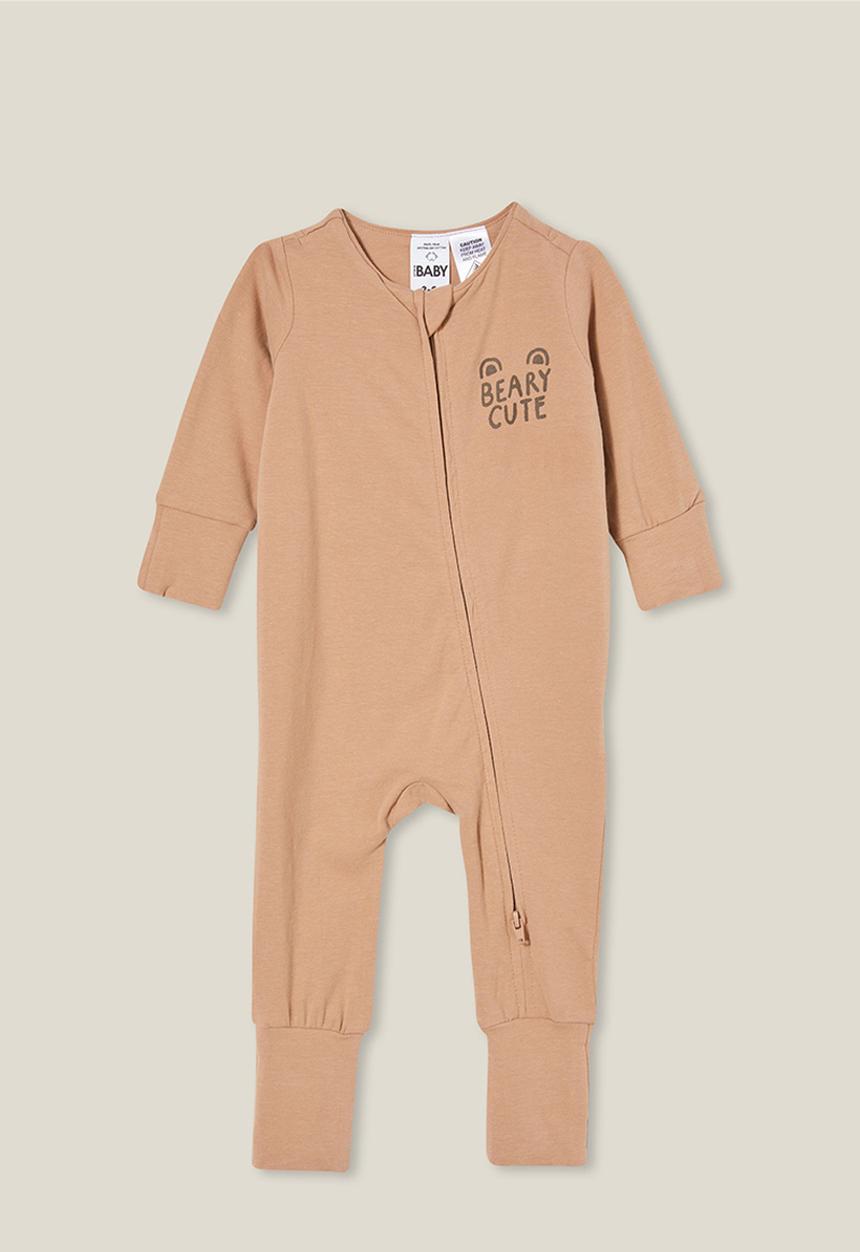 Cotton On - The long sleeve zip romper - taupy brown/beary cute