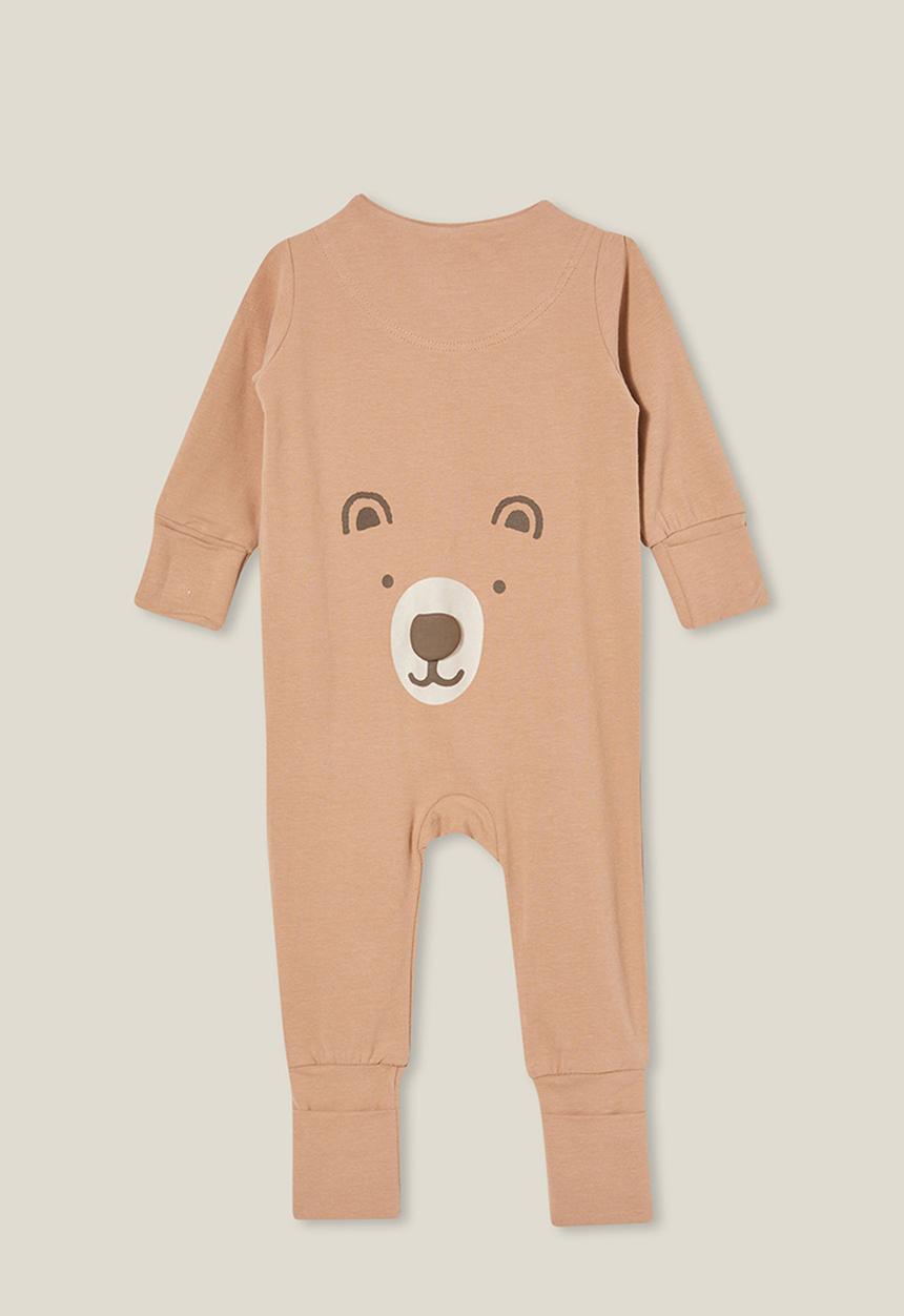 Cotton On - The long sleeve zip romper - taupy brown/beary cute