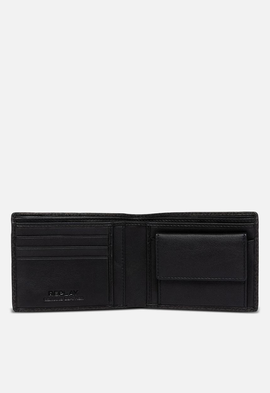 Replay - Wallet in solid-coloured leather - black & brown cocoa
