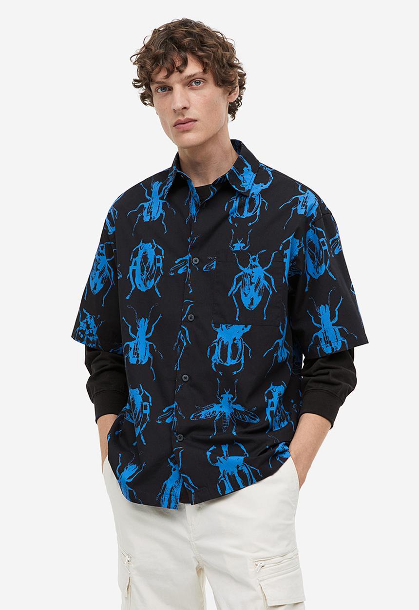 H&M - Relaxed fit short-sleeved cotton shirt - black