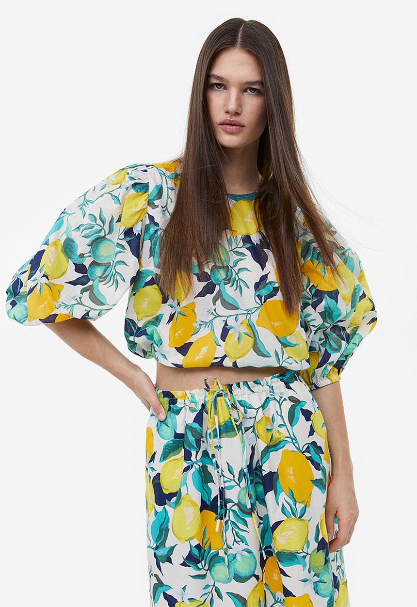 H&M - Balloon-sleeved blouse - natural white/lemons