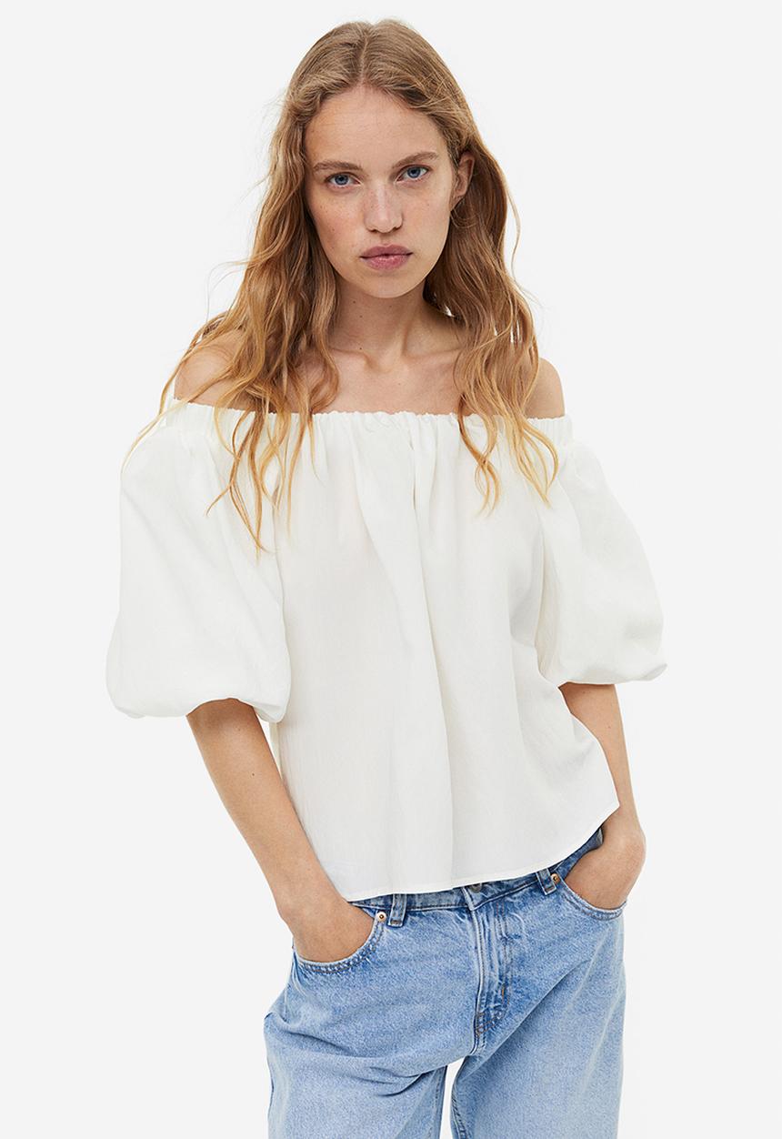 H&M - Puff-sleeved off-the-shoulder blouse - white
