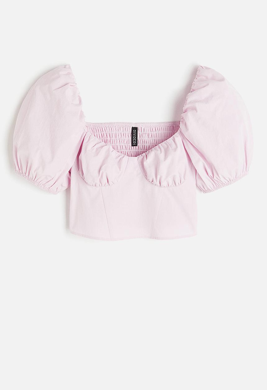 H&M - Puff-sleeved cropped blouse - light pink