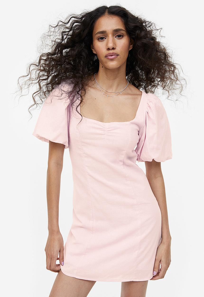 H&M - Puff-sleeved dress - light pink