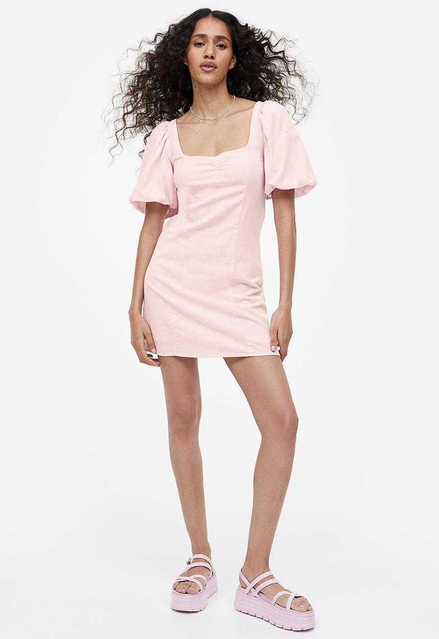 H&M - Puff-sleeved dress - light pink