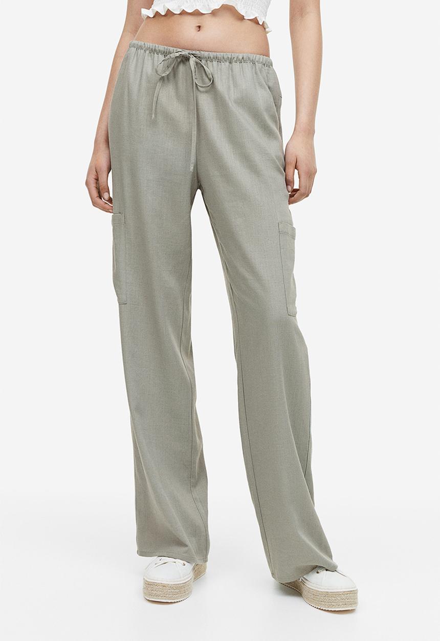 H&M - Wide linen-blend trousers - light khaki green