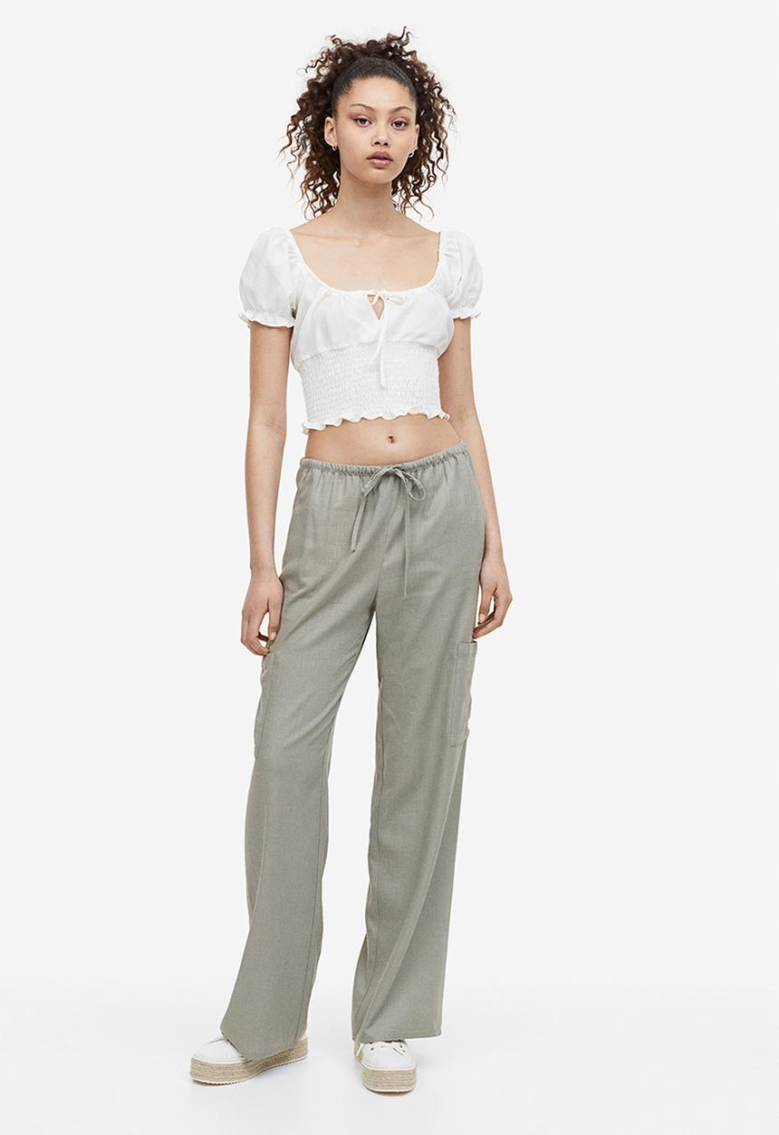 H&M - Wide linen-blend trousers - light khaki green