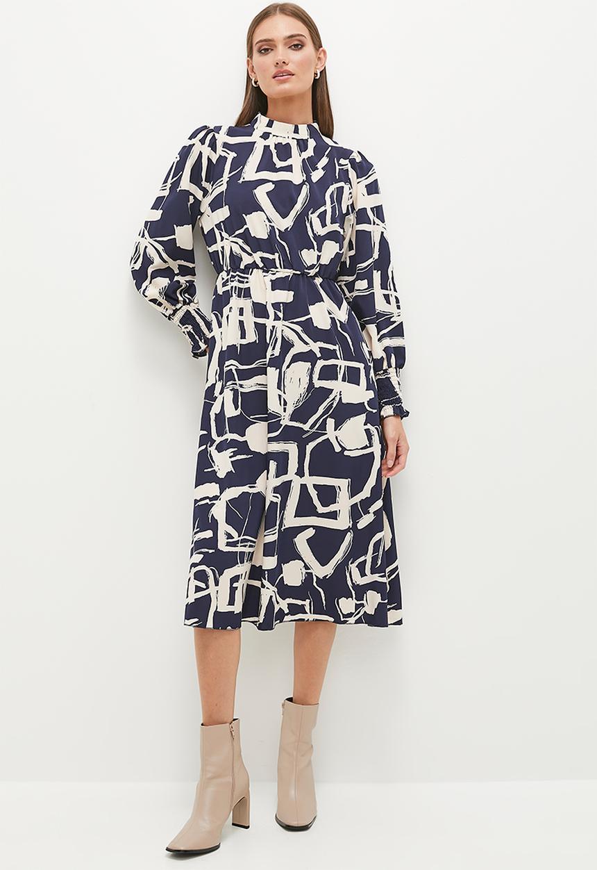 Stella Morgan - Abstract Monotone Printed Dress - Navy