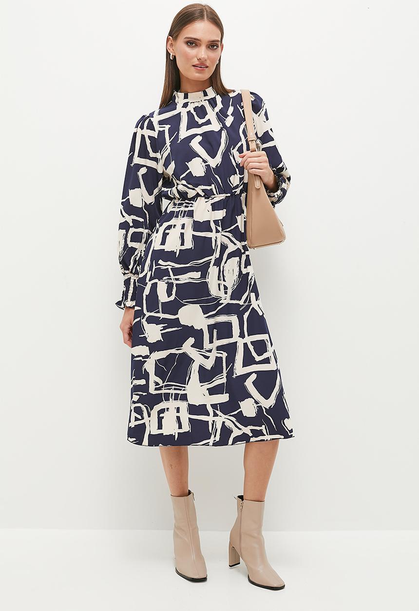 Stella Morgan - Abstract Monotone Printed Dress - Navy