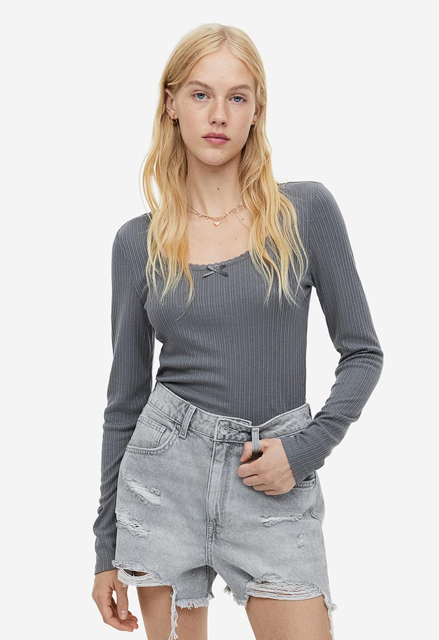 H&M - Lace-trimmed ribbed top - grey