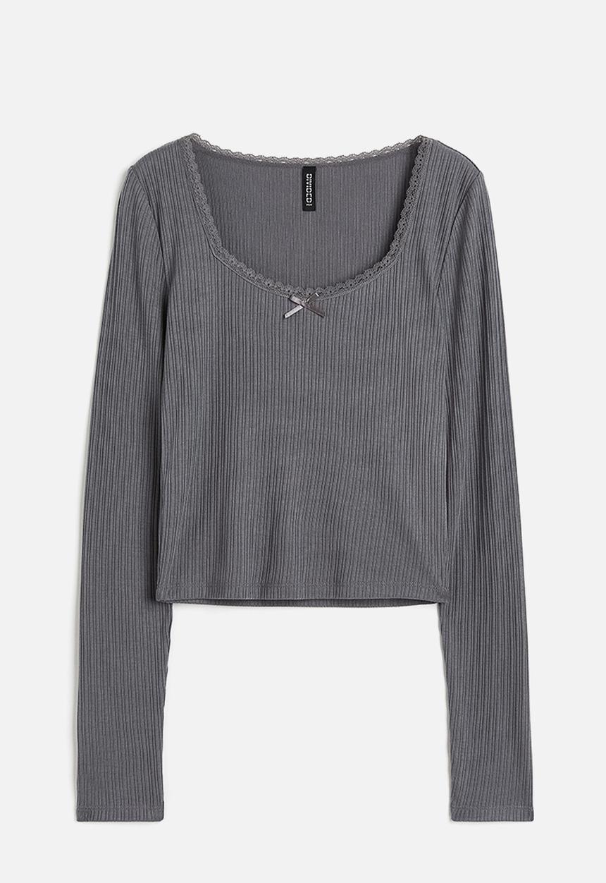 H&M - Lace-trimmed ribbed top - grey