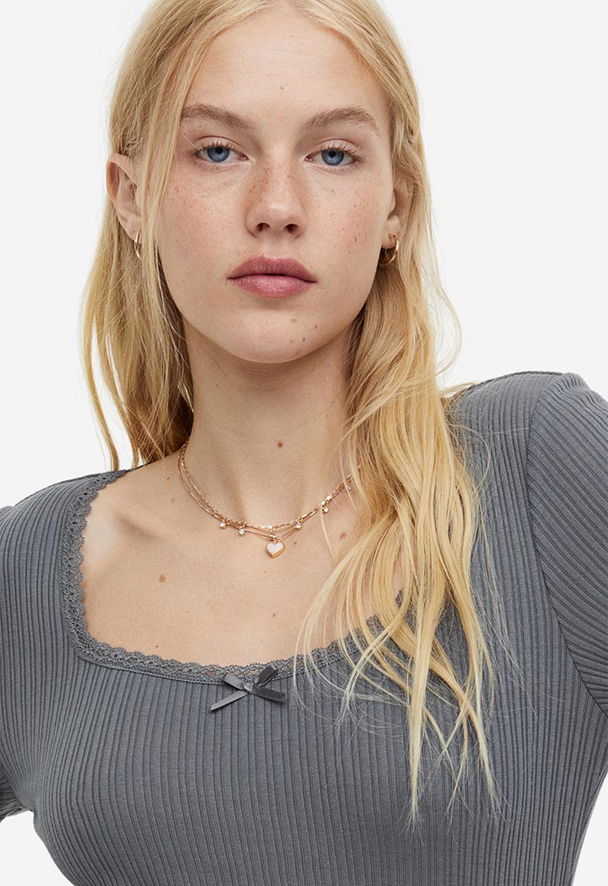 H&M - Lace-trimmed ribbed top - grey