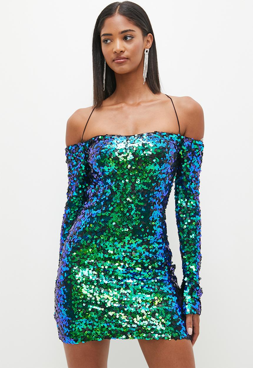 SISSY BOY - Cold Shoulder Long Sleeve Mini Dress - Blue Green