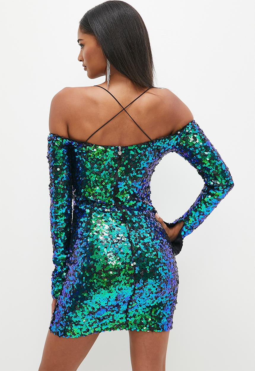 SISSY BOY - Cold Shoulder Long Sleeve Mini Dress - Blue Green