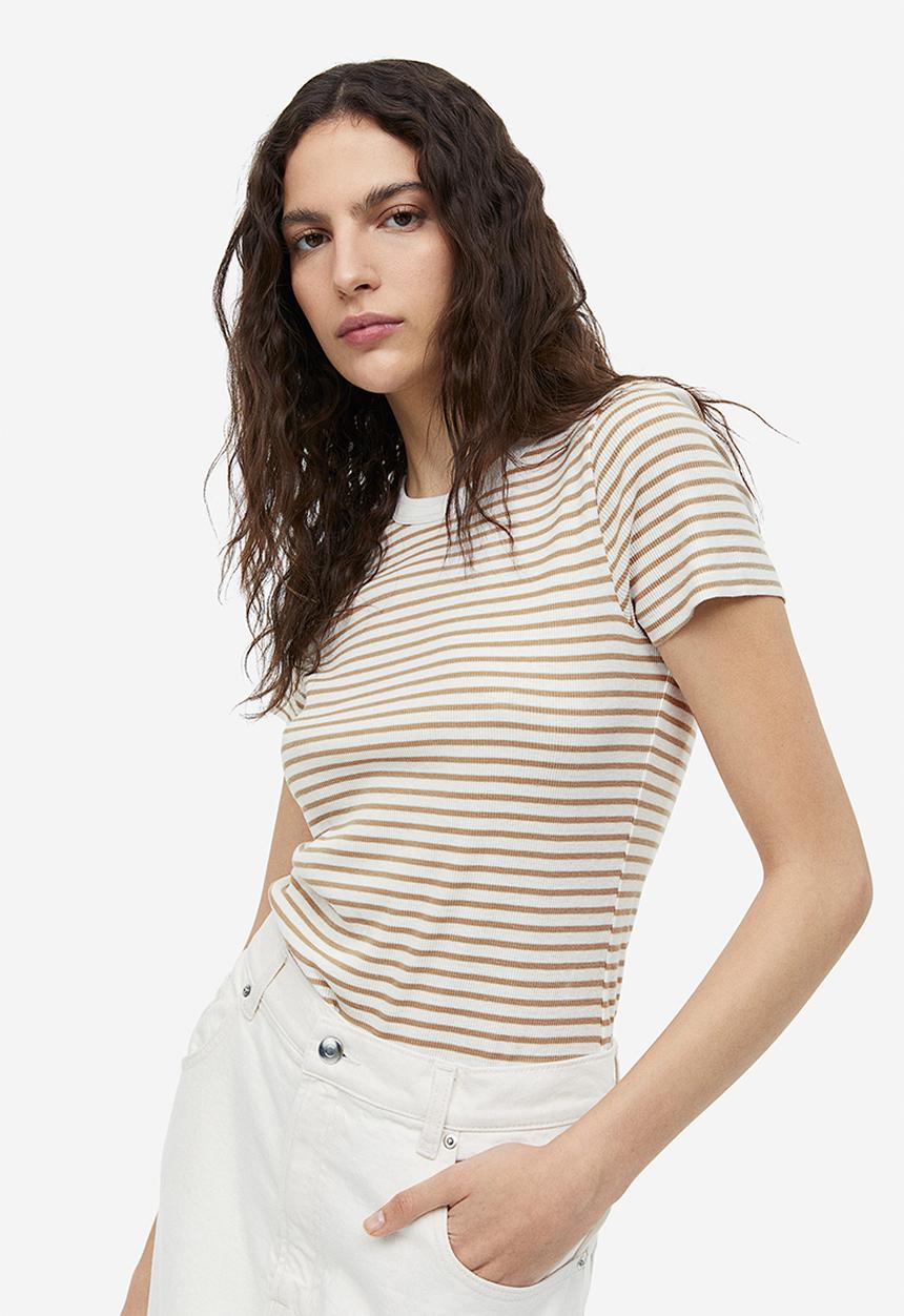 H&M - Ribbed modal-blend t-shirt - white/beige striped