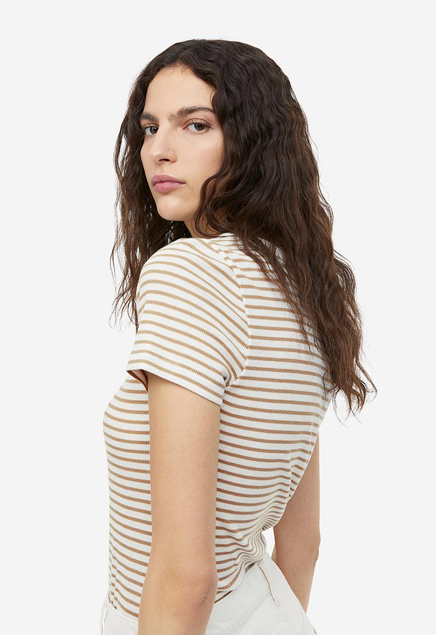 H&M - Ribbed modal-blend t-shirt - white/beige striped