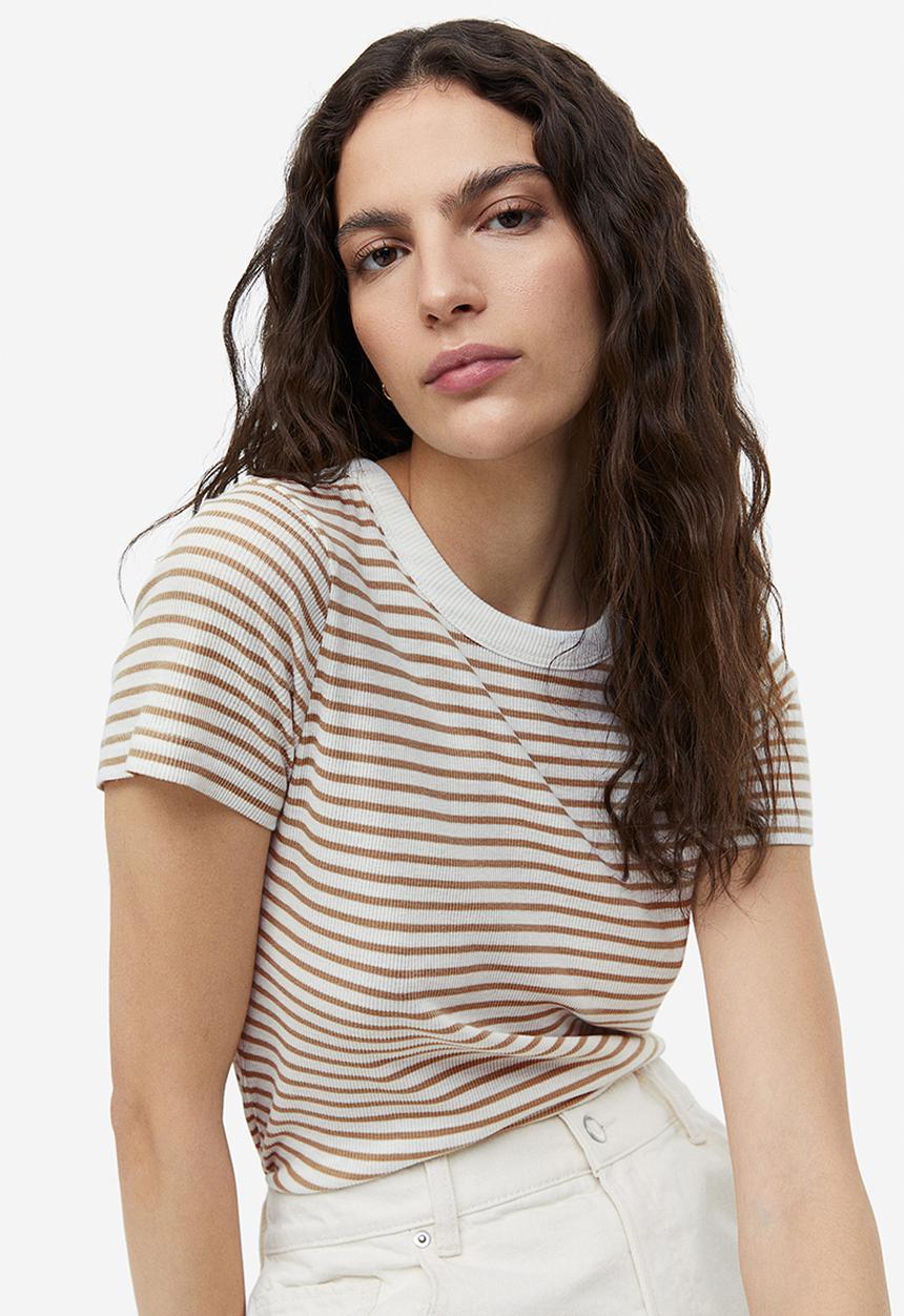 H&M - Ribbed modal-blend t-shirt - white/beige striped