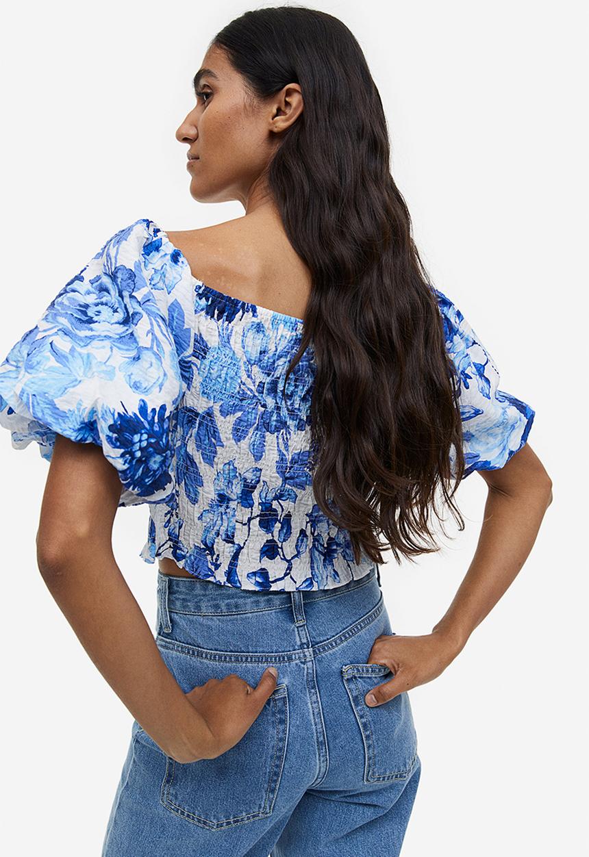 H&M - Smocked off-the-shoulder top - white/blue floral