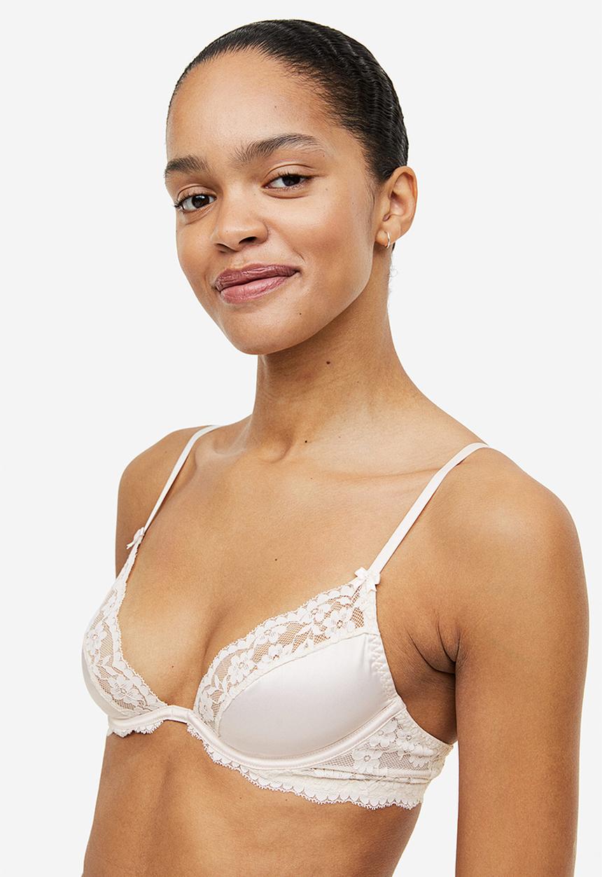 H&M - Non-padded underwired satin and lace bra - beige