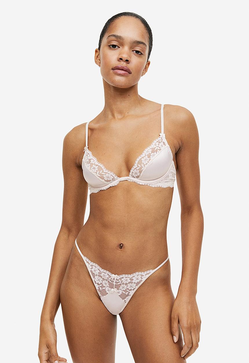 H&M - Non-padded underwired satin and lace bra - beige