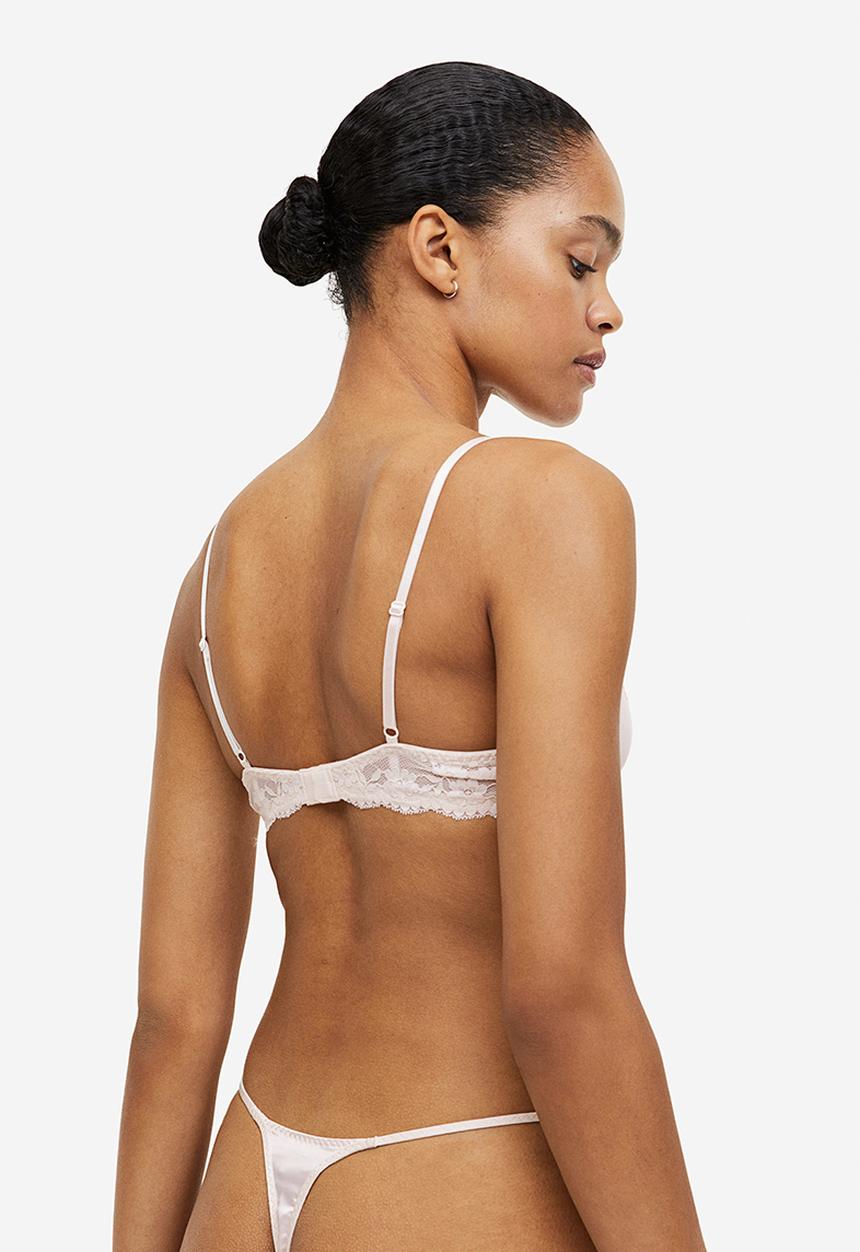 H&M - Non-padded underwired satin and lace bra - beige