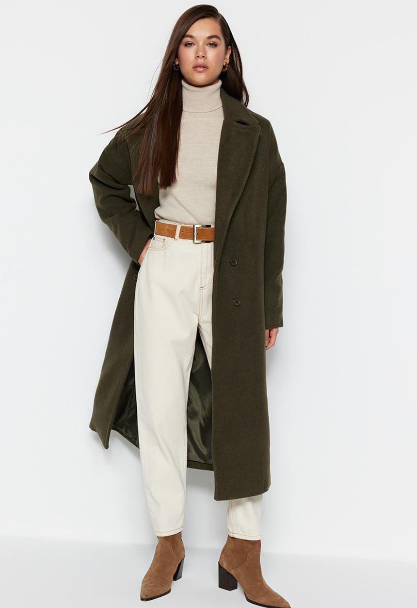 Trendyol - Oversize Wide Cut Long Wool Cashmere Coat - Khaki