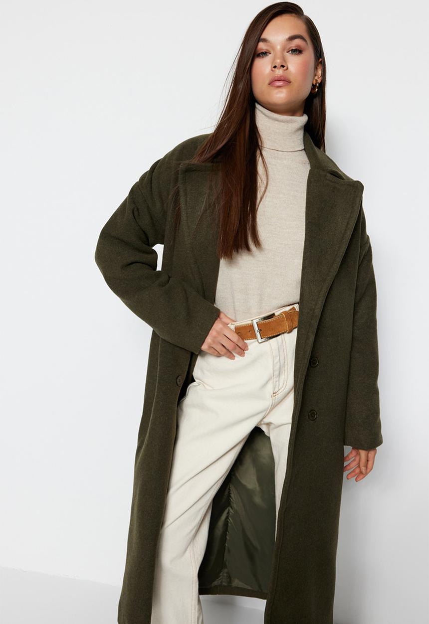 Trendyol - Oversize Wide Cut Long Wool Cashmere Coat - Khaki