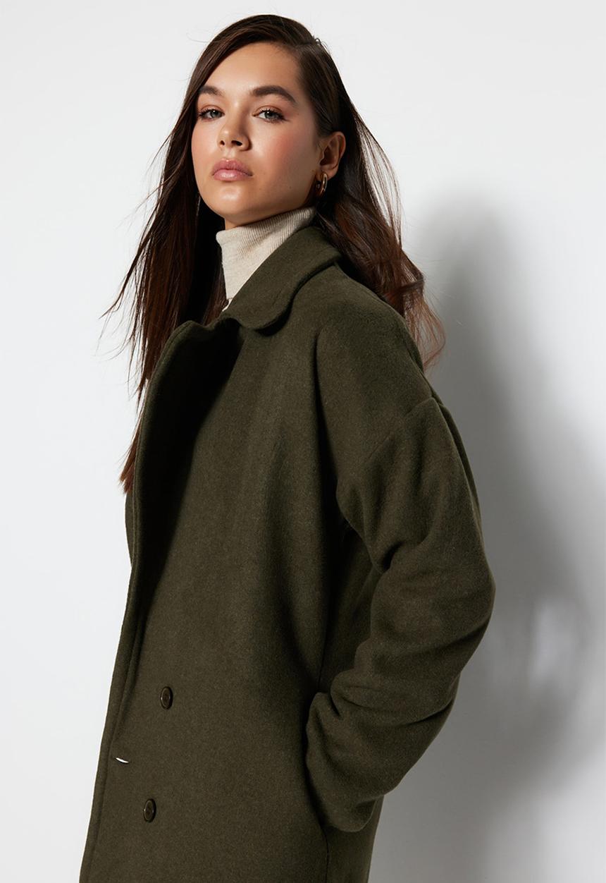 Trendyol - Oversize Wide Cut Long Wool Cashmere Coat - Khaki