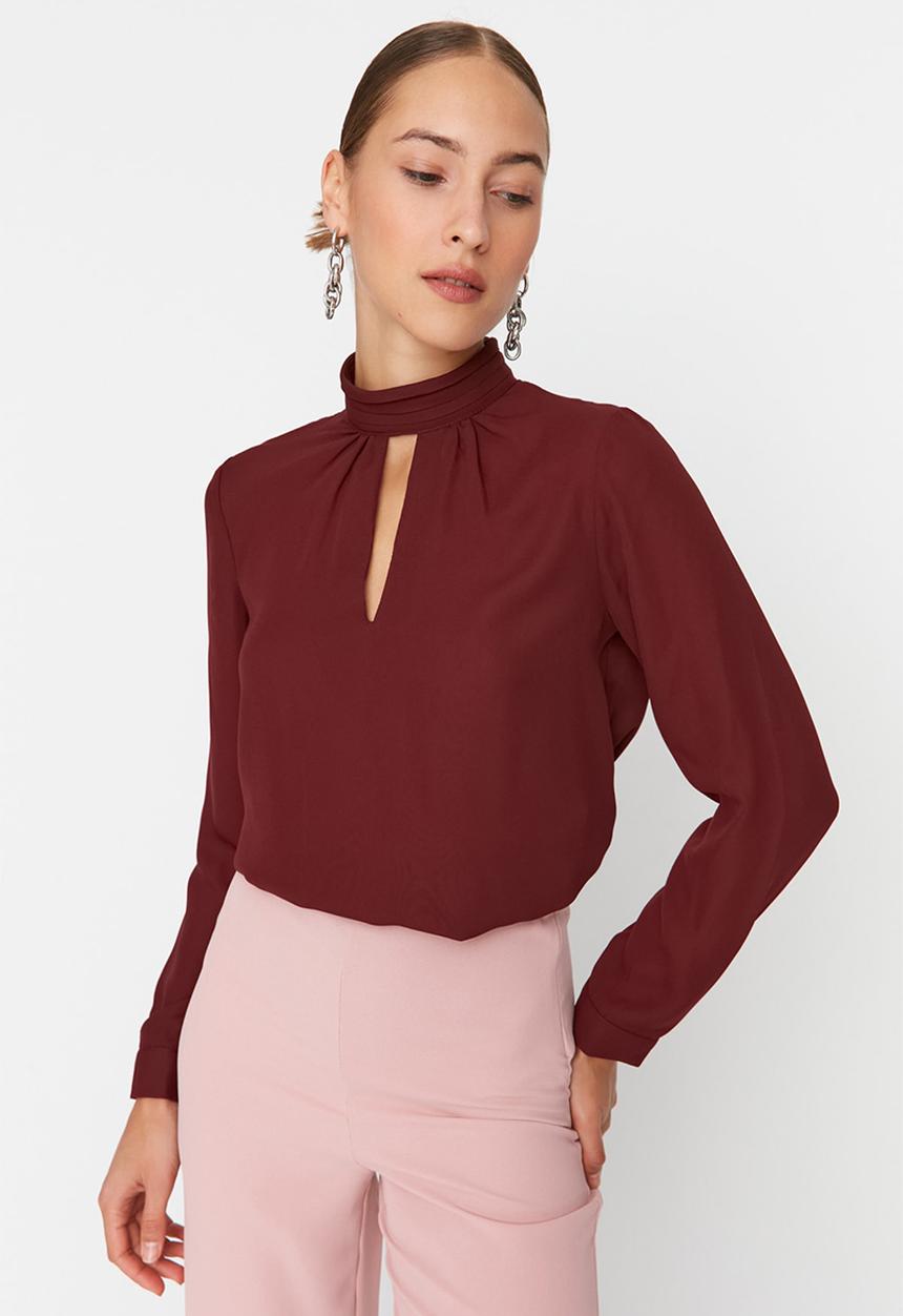 Trendyol - Stand Up Collar Woven Blouse - Plum