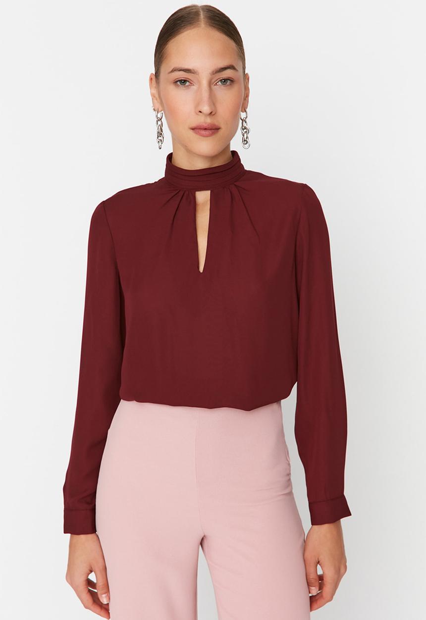 Trendyol - Stand Up Collar Woven Blouse - Plum